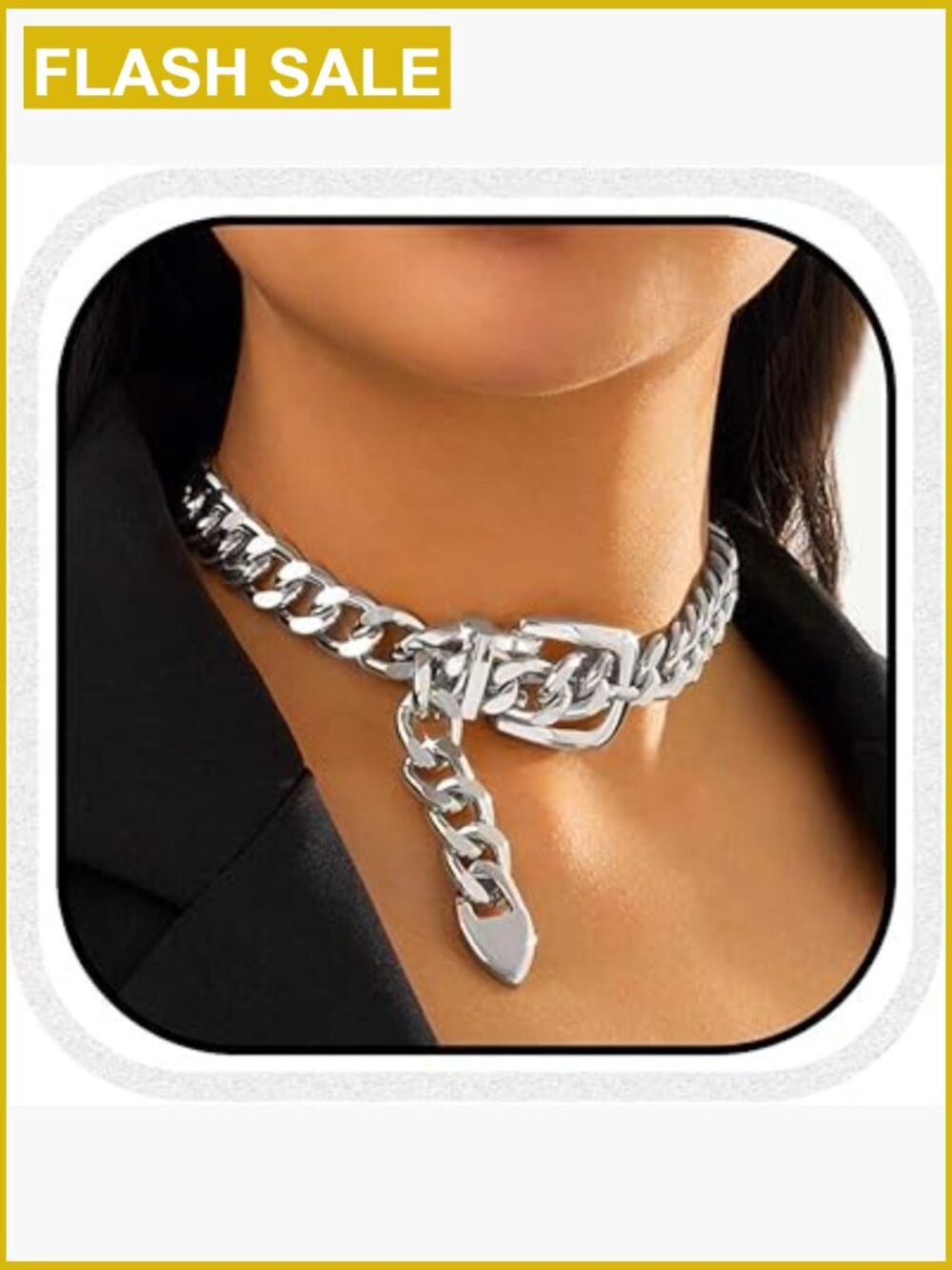 Gold Belt Buckle Chain Choker Necklace Punk Chunky Thick Short